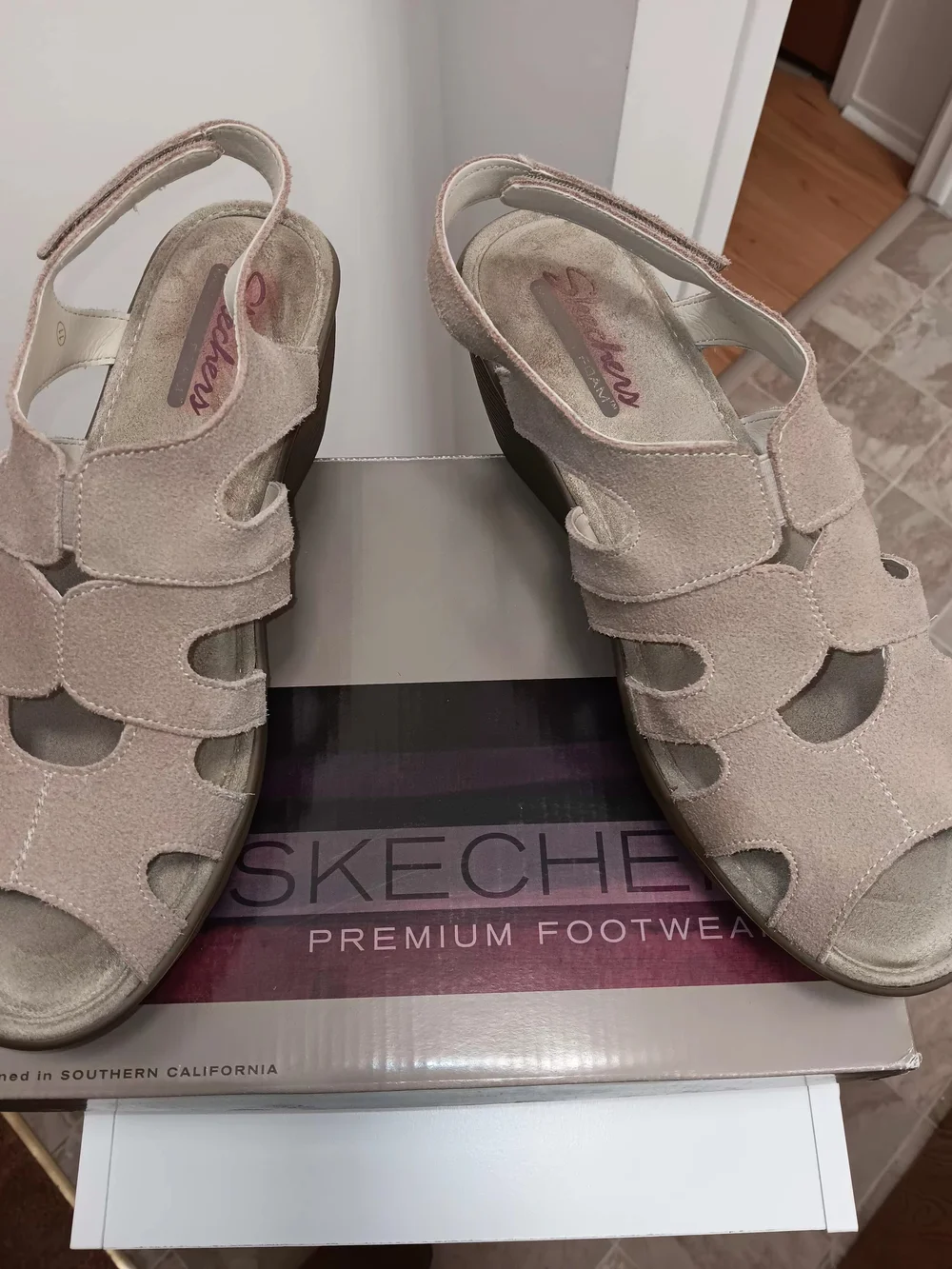 Skechers Women's Beige Suede Wedge Sandals